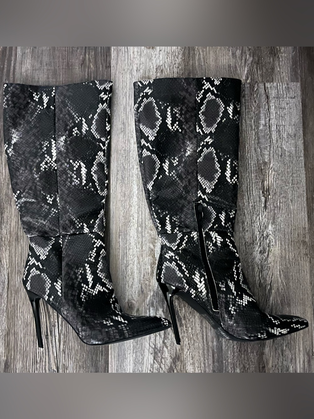 Black Snake-Print Knee High Stiletto Boots (worn once) - Picture 1 of 2